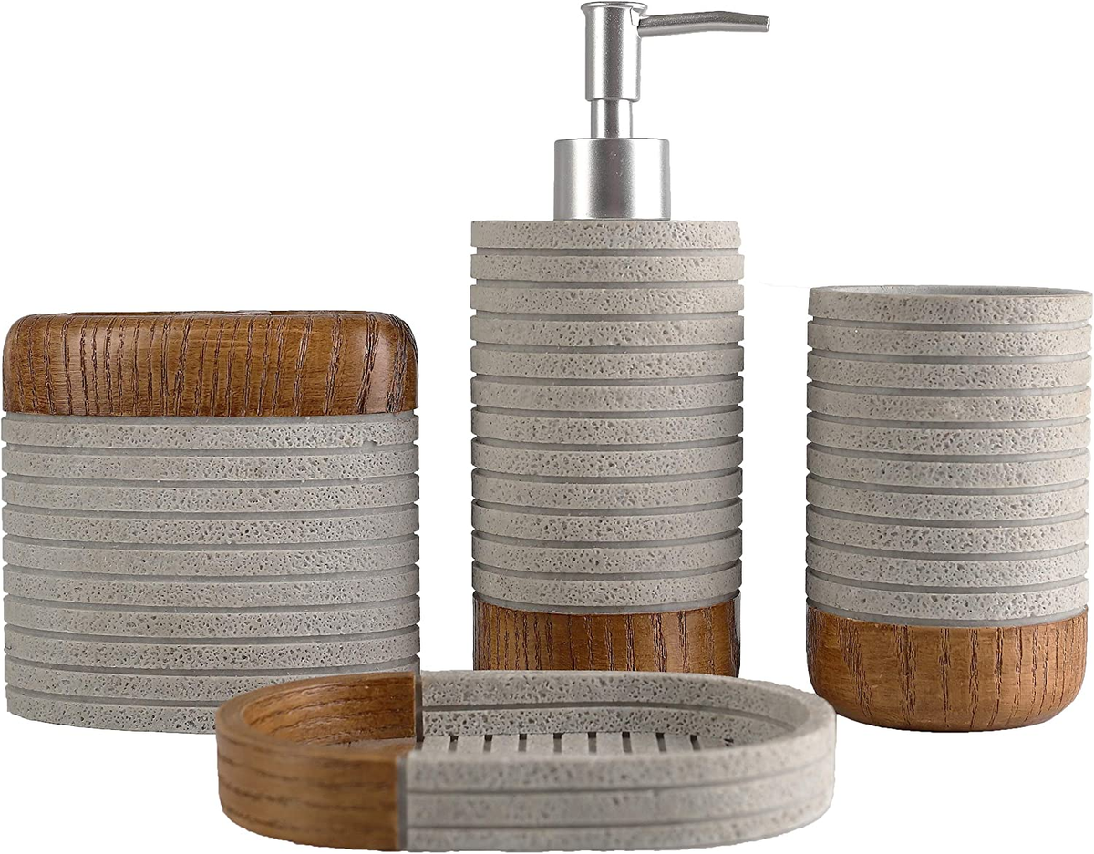 Juego de accesorios de baño, soporte para cepillo de dientes, decoración de baño rústica, juego de regalo de resina de 4 piezas para el hogar, incluye vaso para cepillo de dientes, dispensador de jabón, jabonera, vaso