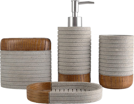 Juego de accesorios de baño, soporte para cepillo de dientes, decoración de baño rústica, juego de regalo de resina de 4 piezas para el hogar, incluye vaso para cepillo de dientes, dispensador de jabón, jabonera, vaso